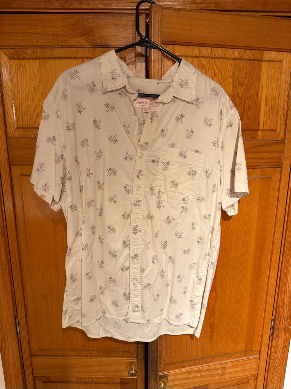 American Eagle Outfitters Beige Short-Sleeve Palm Print Button-Down Shirt